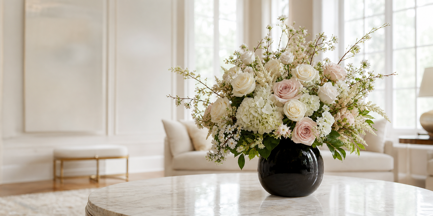 Elegant cream and blush flowers in a bright interior