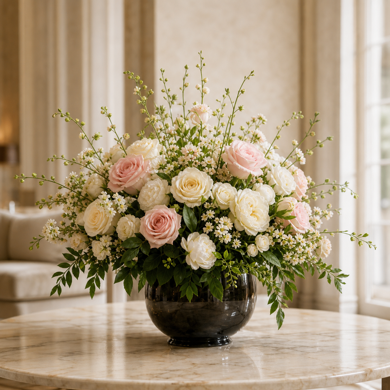 Cream and blush floral arrangement on a marble table