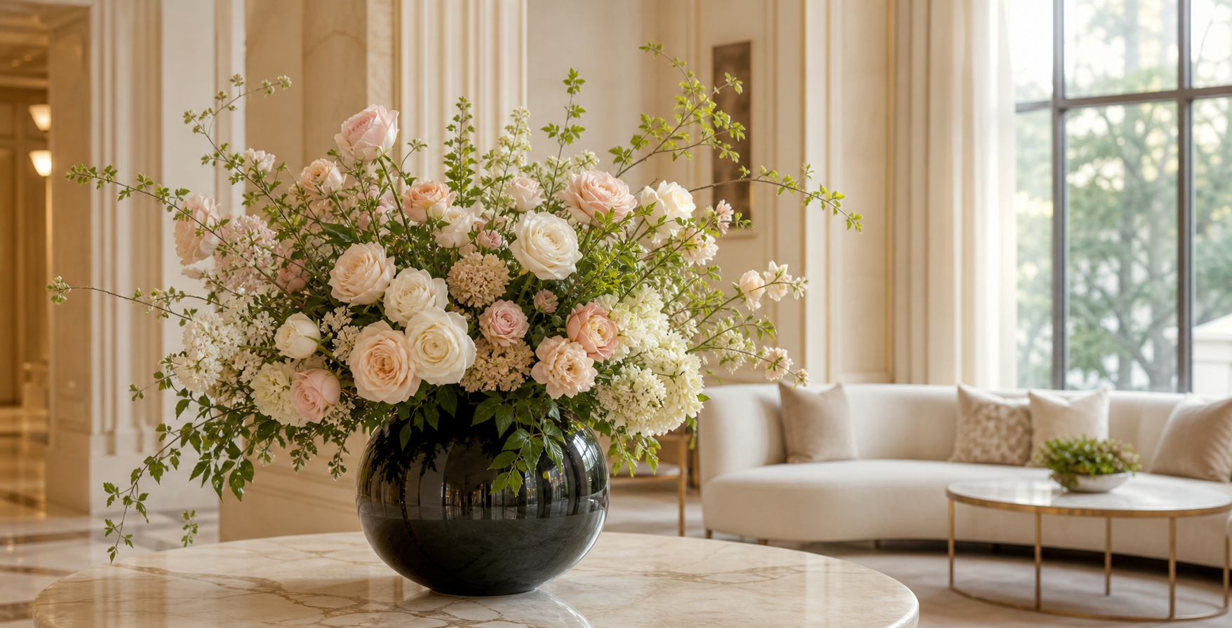 Cream and blush floral arrangement in a black vase